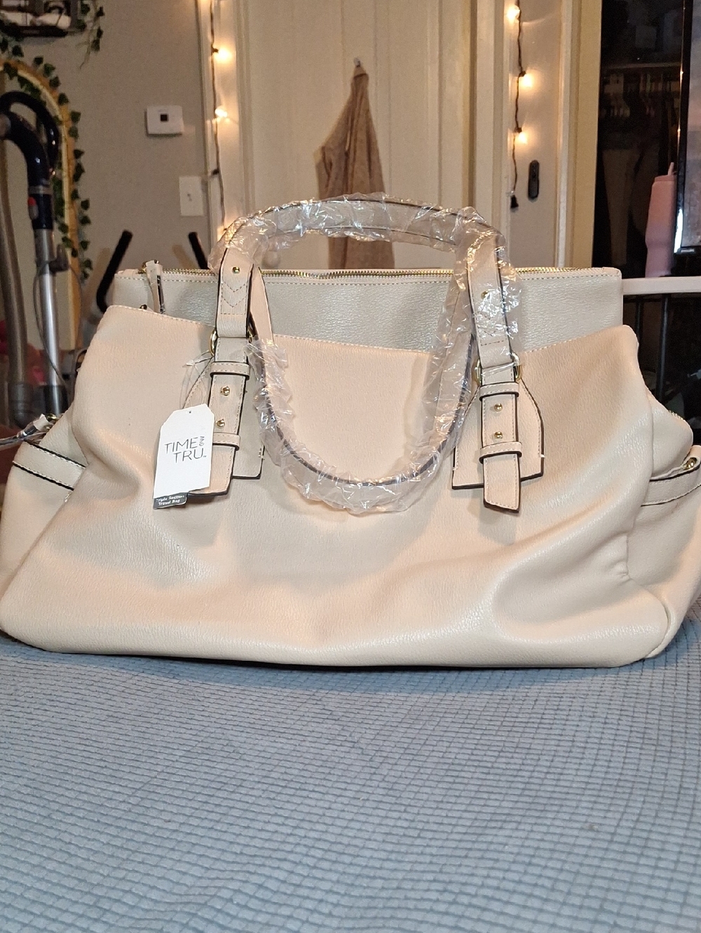Time and Tru Cream Pebbled Satchel Tote with Gold Accents